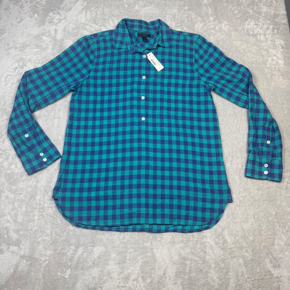 NWT J Crew Womens Plaid‎ Long Sleeve Button Down Shirt Blue Green Size 4 Cotton
